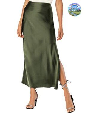 Satin Silk Maxi Slit Skirt Elastic Waistband A-Line Flowy Hem